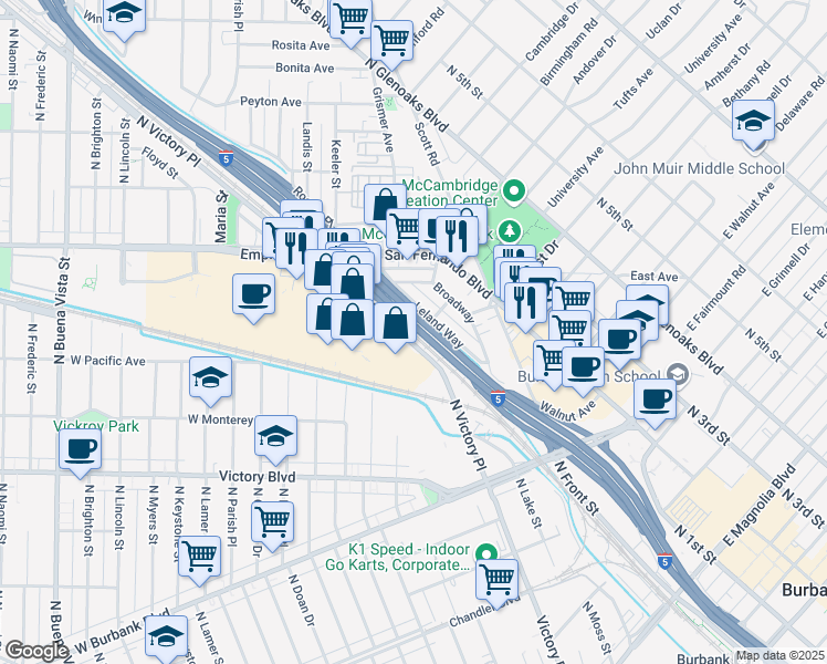 map of restaurants, bars, coffee shops, grocery stores, and more near 1321 Broadway in Burbank
