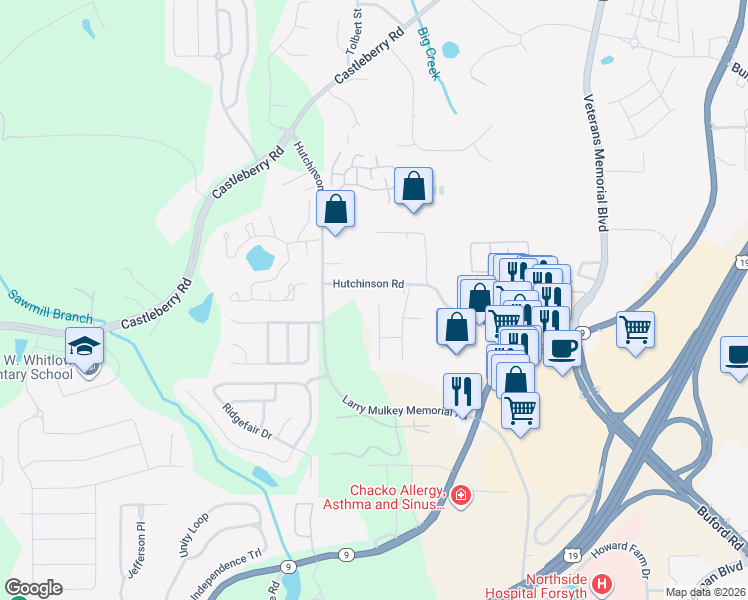 map of restaurants, bars, coffee shops, grocery stores, and more near 3833 Verde Glen Lane in Cumming