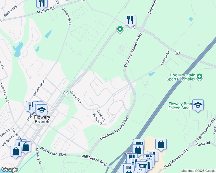 map of restaurants, bars, coffee shops, grocery stores, and more near 4634 Beacon Ridge Lane in Flowery Branch