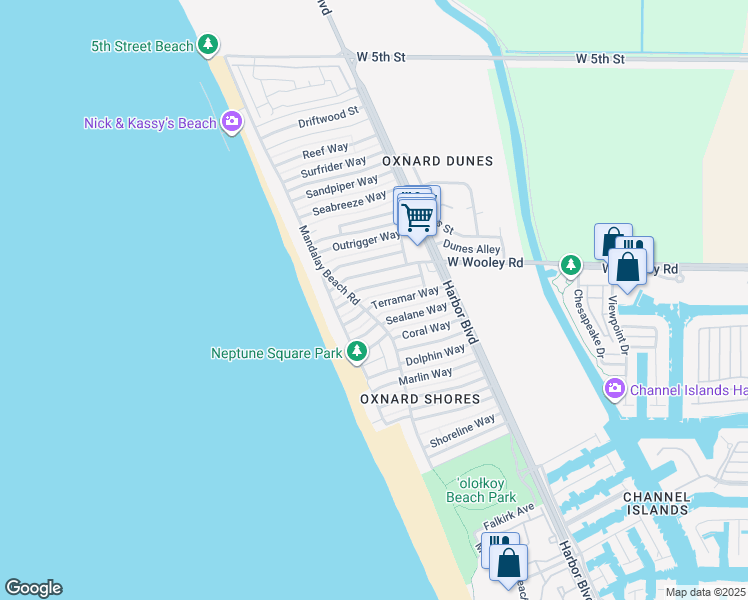 map of restaurants, bars, coffee shops, grocery stores, and more near 5151 Terramar Way in Oxnard