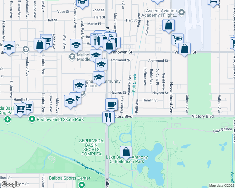 map of restaurants, bars, coffee shops, grocery stores, and more near 6512 McLennan Avenue in Los Angeles