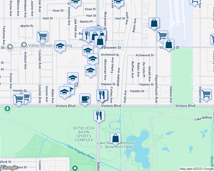 map of restaurants, bars, coffee shops, grocery stores, and more near 6512 McLennan Avenue in Los Angeles