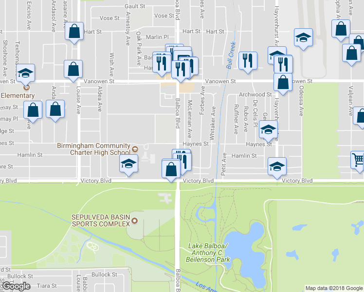 map of restaurants, bars, coffee shops, grocery stores, and more near 6512 Balboa Boulevard in Los Angeles