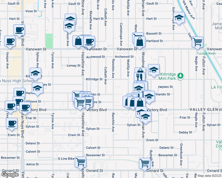 map of restaurants, bars, coffee shops, grocery stores, and more near 6519 Ranchito Avenue in Los Angeles
