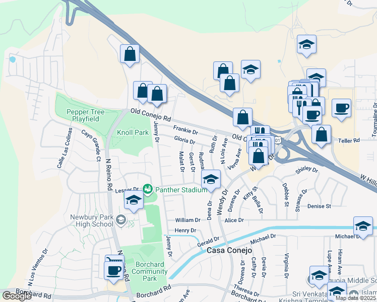map of restaurants, bars, coffee shops, grocery stores, and more near 818 Gerst Drive in Ventura County