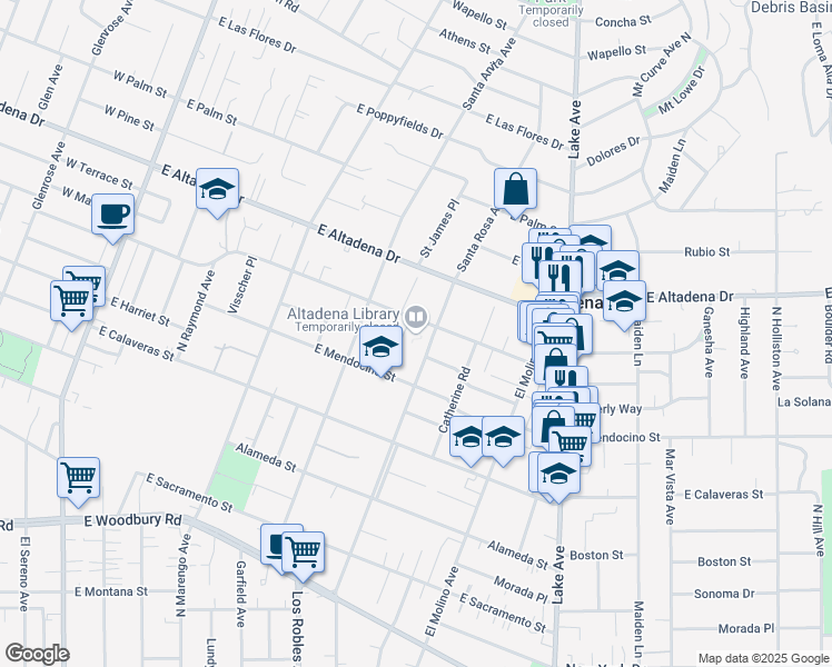 map of restaurants, bars, coffee shops, grocery stores, and more near 600 East Mariposa Street in Altadena