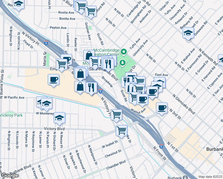 map of restaurants, bars, coffee shops, grocery stores, and more near 1321 Broadway in Burbank