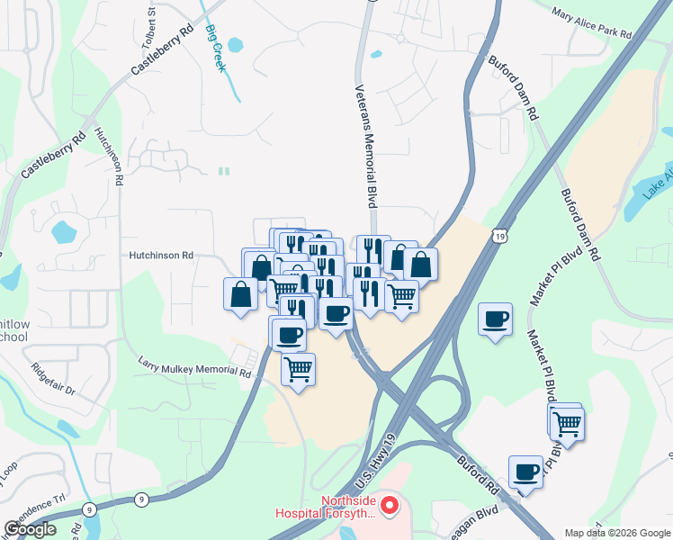 map of restaurants, bars, coffee shops, grocery stores, and more near 115 Primrose Drive in Cumming