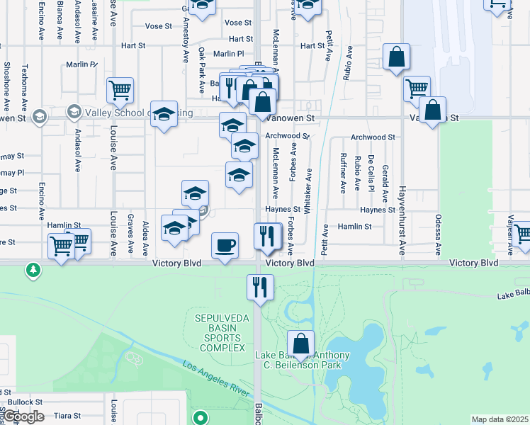 map of restaurants, bars, coffee shops, grocery stores, and more near 6512 Balboa Boulevard in Los Angeles