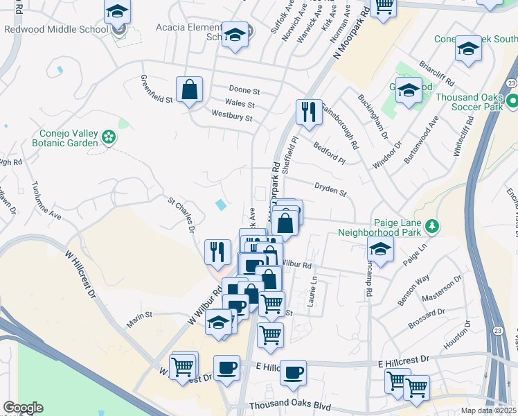map of restaurants, bars, coffee shops, grocery stores, and more near 850 Warwick Avenue in Thousand Oaks