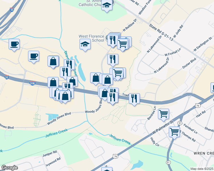 map of restaurants, bars, coffee shops, grocery stores, and more near 2367 David H McLeod Boulevard in Florence