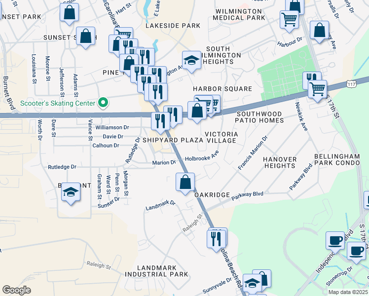 map of restaurants, bars, coffee shops, grocery stores, and more near 2657 U.S. 421 in Wilmington