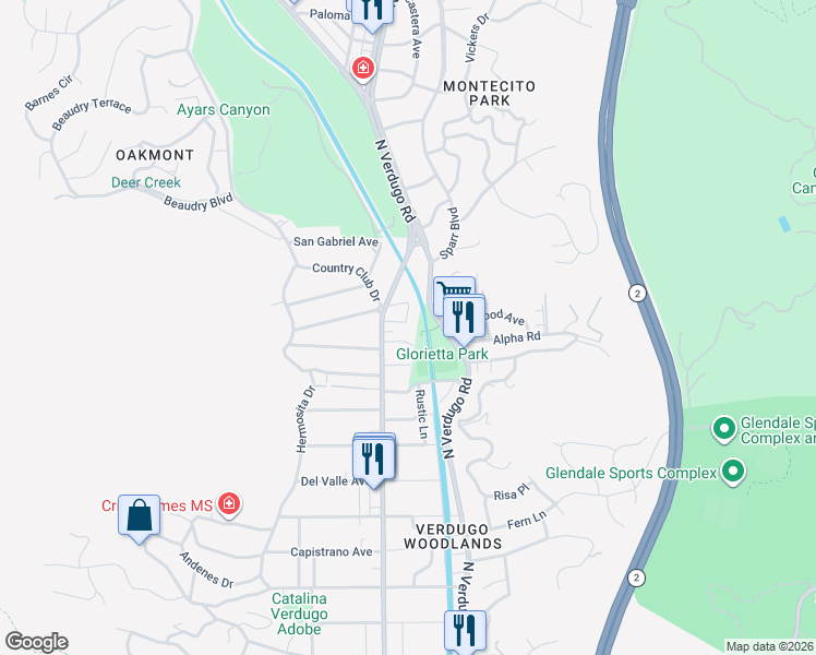 map of restaurants, bars, coffee shops, grocery stores, and more near 1720 Willow Drive in Glendale