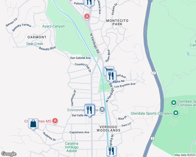 map of restaurants, bars, coffee shops, grocery stores, and more near 1720 Willow Drive in Glendale