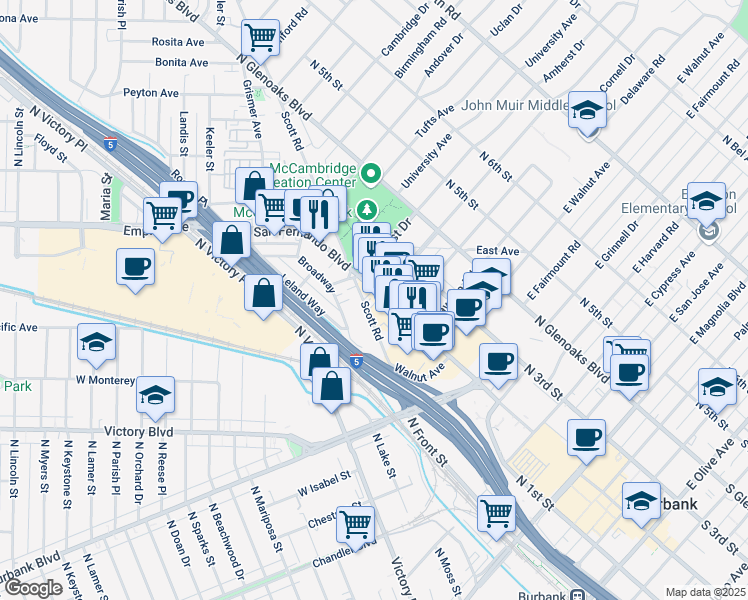 map of restaurants, bars, coffee shops, grocery stores, and more near 1212 North San Fernando Boulevard in Burbank