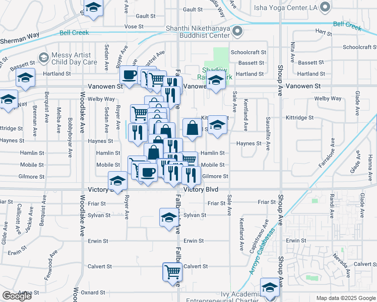 map of restaurants, bars, coffee shops, grocery stores, and more near 22737 Hamlin Street in Los Angeles