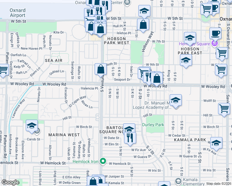 map of restaurants, bars, coffee shops, grocery stores, and more near 1143 South M Street in Oxnard
