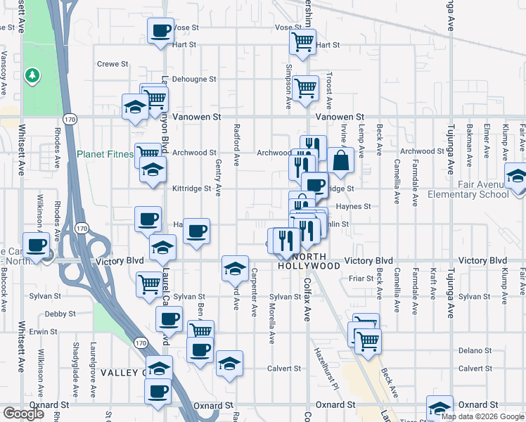 map of restaurants, bars, coffee shops, grocery stores, and more near 11819 Hamlin Street in Los Angeles