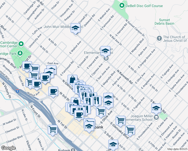 map of restaurants, bars, coffee shops, grocery stores, and more near 606 East Cypress Avenue in Burbank