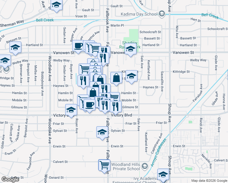 map of restaurants, bars, coffee shops, grocery stores, and more near 22737 Hamlin Street in Los Angeles