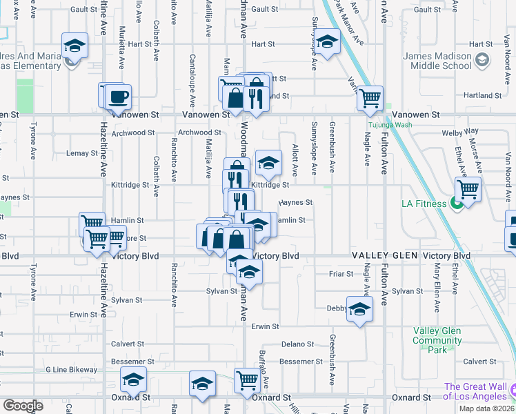 map of restaurants, bars, coffee shops, grocery stores, and more near 6546 Woodman Avenue in Los Angeles