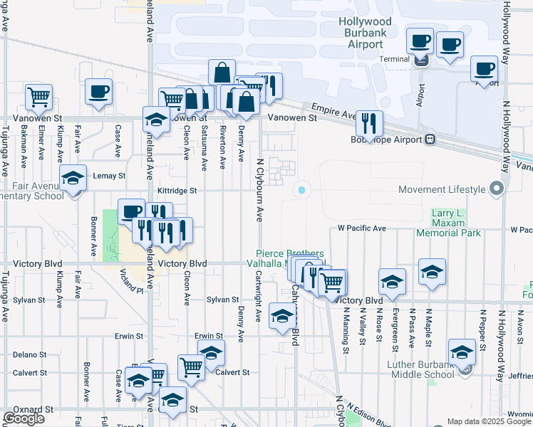 map of restaurants, bars, coffee shops, grocery stores, and more near 6530 Clybourn Avenue in Los Angeles