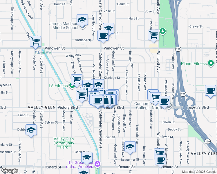 map of restaurants, bars, coffee shops, grocery stores, and more near 6522 Alcove Avenue in Los Angeles