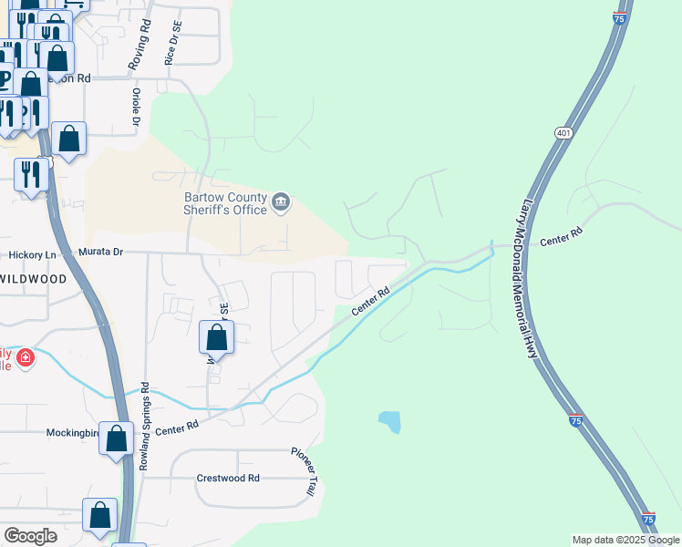 map of restaurants, bars, coffee shops, grocery stores, and more near 58 Wyndham Court in Cartersville