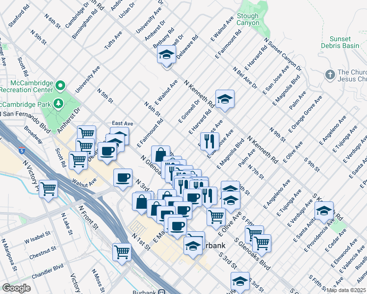 map of restaurants, bars, coffee shops, grocery stores, and more near 621 North 6th Street in Burbank