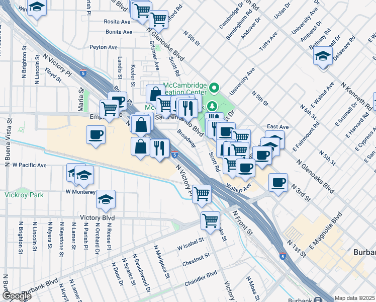 map of restaurants, bars, coffee shops, grocery stores, and more near 1401 Broadway in Burbank
