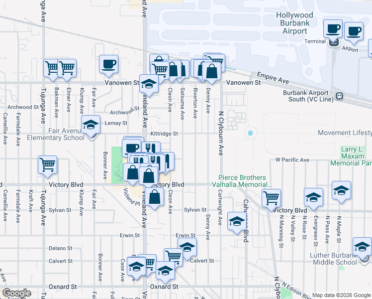 map of restaurants, bars, coffee shops, grocery stores, and more near 6530 Satsuma Avenue in Los Angeles