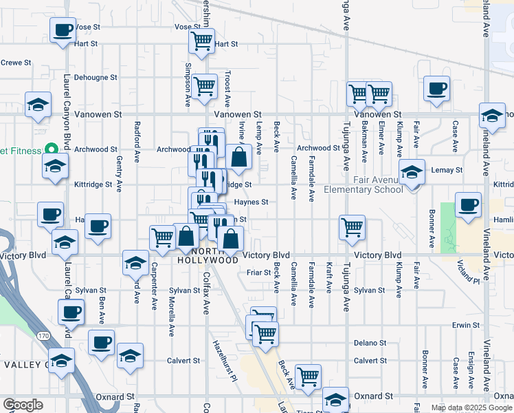 map of restaurants, bars, coffee shops, grocery stores, and more near 11601 Haynes Street in Los Angeles