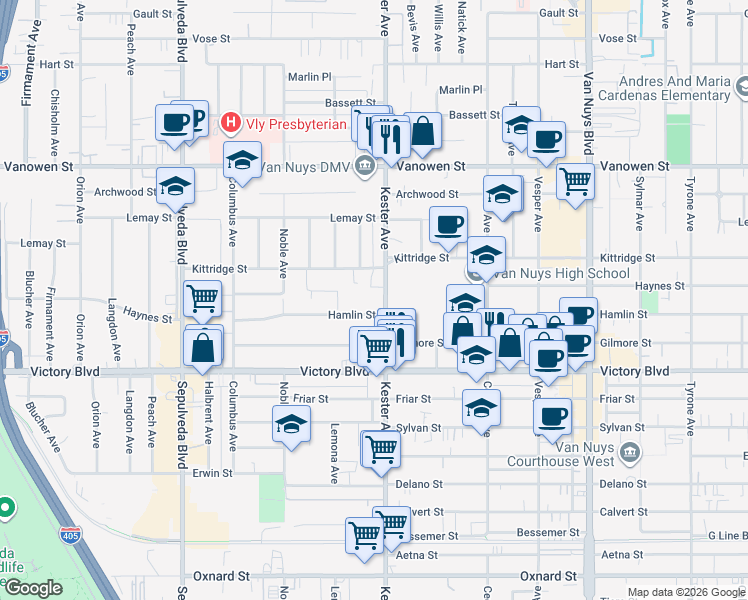 map of restaurants, bars, coffee shops, grocery stores, and more near 6525 Kester Avenue in Los Angeles