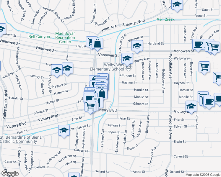 map of restaurants, bars, coffee shops, grocery stores, and more near 6537 Gross Avenue in Los Angeles