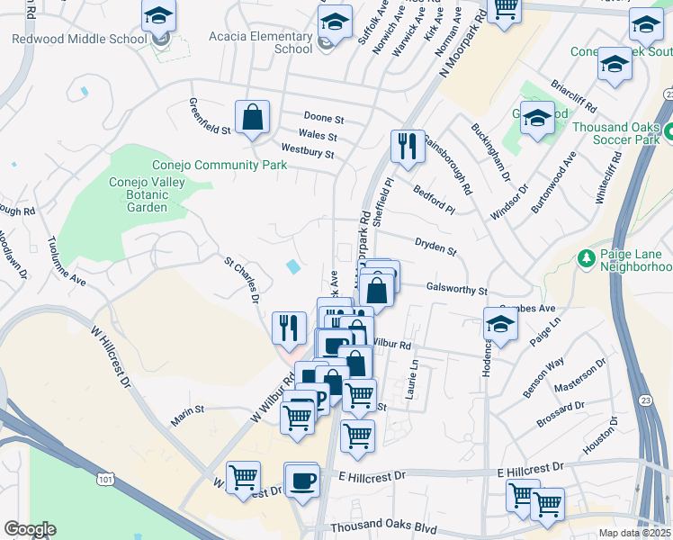map of restaurants, bars, coffee shops, grocery stores, and more near 950 Warwick Avenue in Thousand Oaks