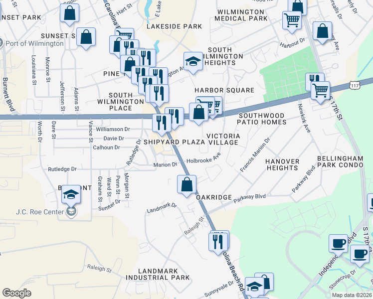 map of restaurants, bars, coffee shops, grocery stores, and more near 2657 U.S. 421 in Wilmington