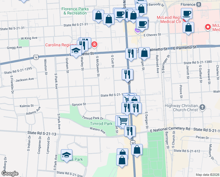 map of restaurants, bars, coffee shops, grocery stores, and more near 505 South Coit Street in Florence