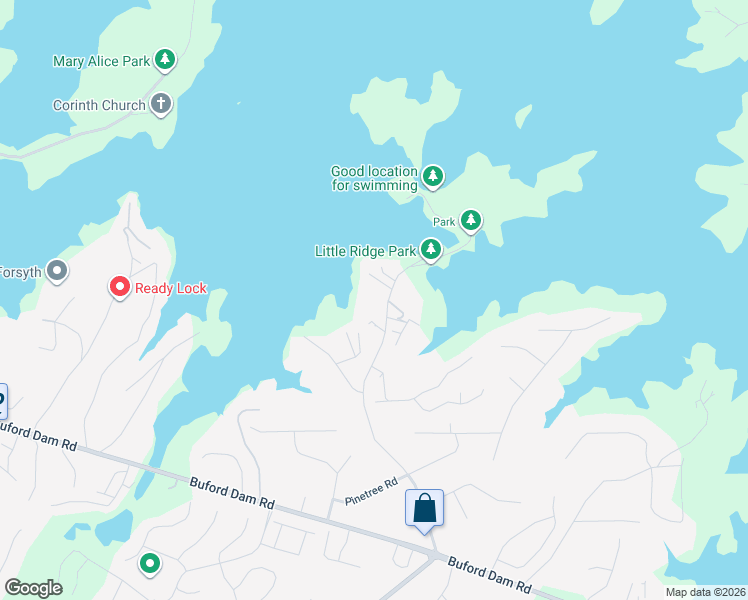 map of restaurants, bars, coffee shops, grocery stores, and more near 3205 Lanier Beach South Road in Cumming