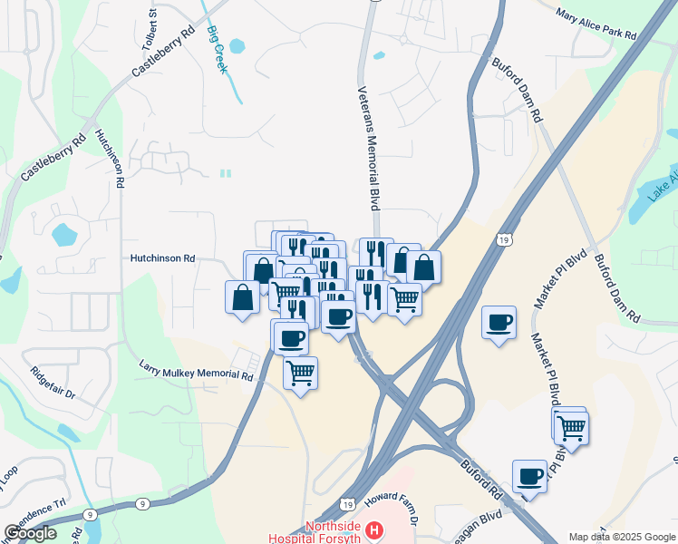 map of restaurants, bars, coffee shops, grocery stores, and more near 135 Primrose Drive in Cumming