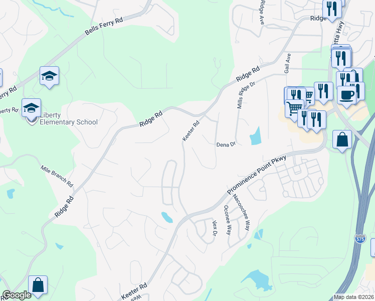 map of restaurants, bars, coffee shops, grocery stores, and more near 2220 Mills Wood Run in Canton