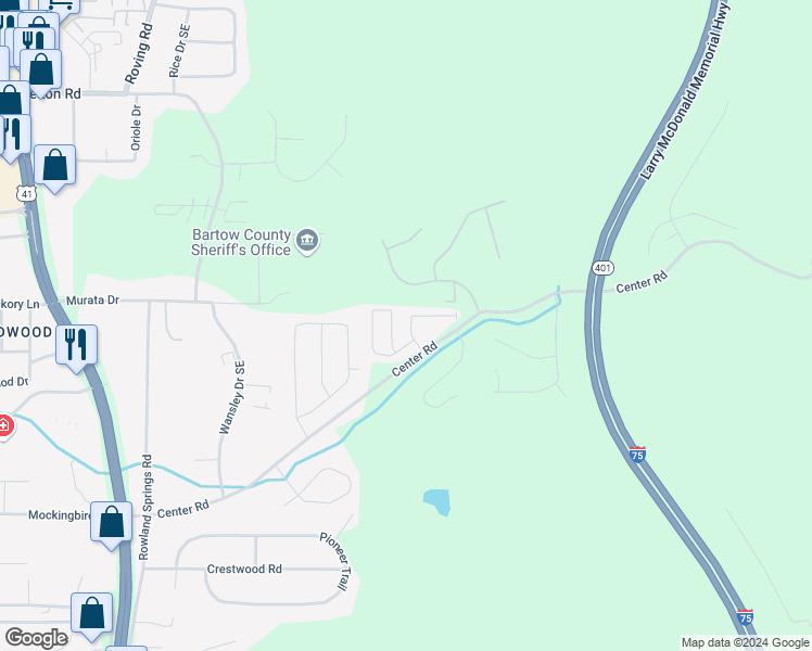 map of restaurants, bars, coffee shops, grocery stores, and more near 21 Carriage Hills Drive Southeast in Cartersville