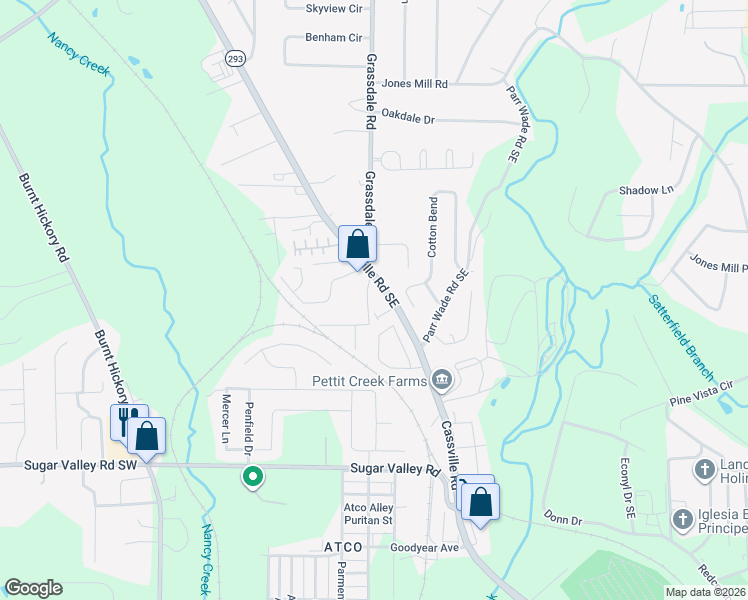 map of restaurants, bars, coffee shops, grocery stores, and more near 424 Cassville Road Southeast in Cartersville