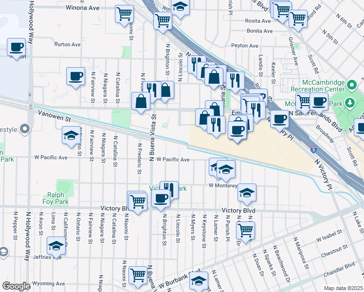 map of restaurants, bars, coffee shops, grocery stores, and more near 1830 North Lincoln Street in Burbank