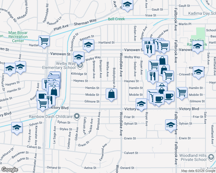map of restaurants, bars, coffee shops, grocery stores, and more near 23275 Hamlin Street in Los Angeles