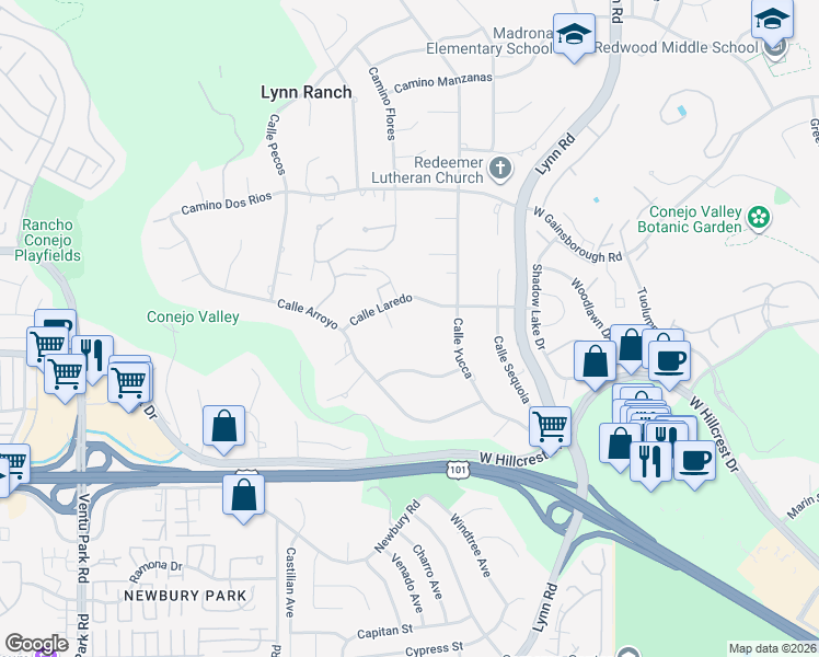 map of restaurants, bars, coffee shops, grocery stores, and more near 726 Camino Durango in Thousand Oaks