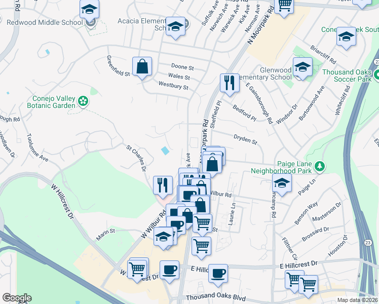 map of restaurants, bars, coffee shops, grocery stores, and more near 950 Warwick Avenue in Thousand Oaks