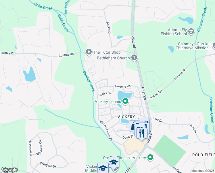 map of restaurants, bars, coffee shops, grocery stores, and more near 7025 Cordery Road in Cumming