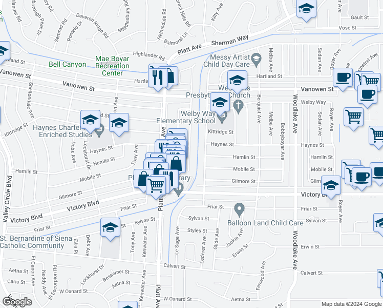 map of restaurants, bars, coffee shops, grocery stores, and more near 6537 Gross Avenue in Los Angeles