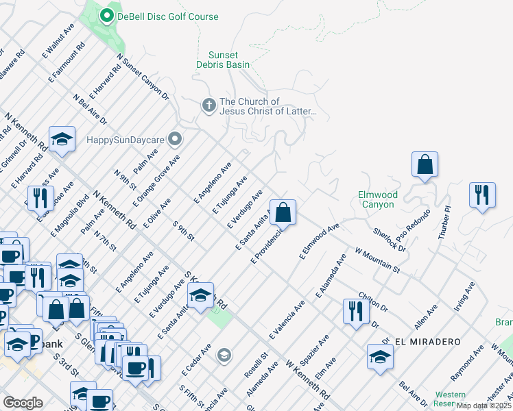 map of restaurants, bars, coffee shops, grocery stores, and more near 1054 East Verdugo Avenue in Burbank