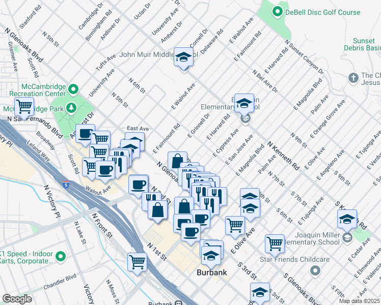 map of restaurants, bars, coffee shops, grocery stores, and more near 511 East Harvard Road in Burbank